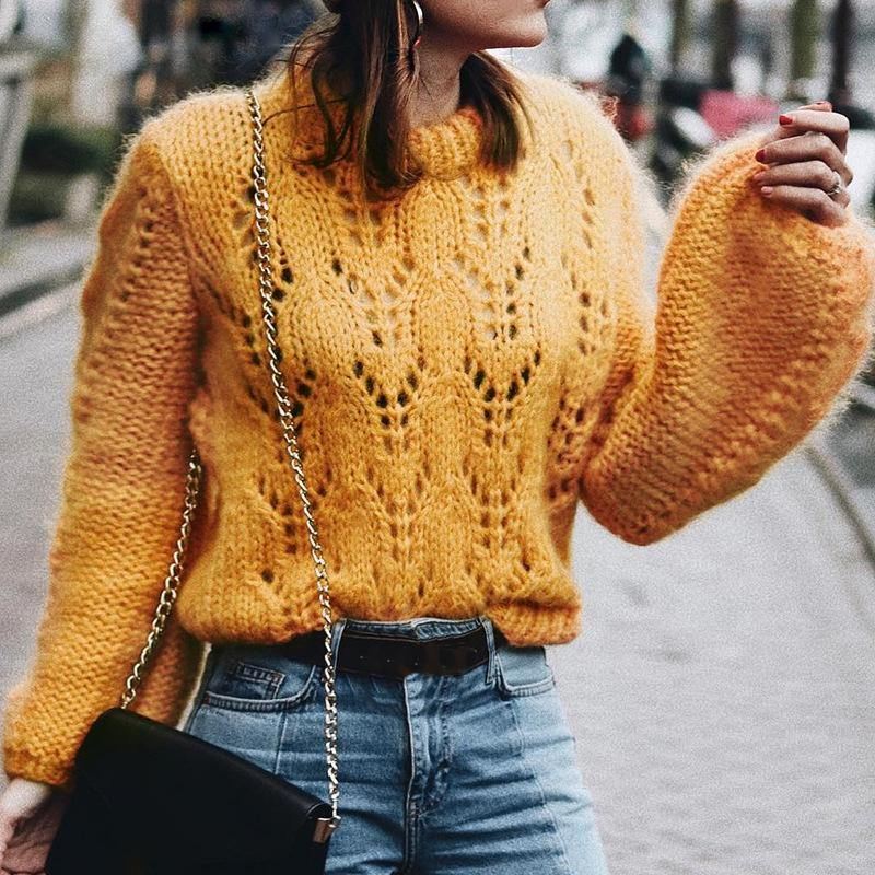 O Ncek Udhulede Striktrøjer Dame Lanterneærmer Gule Pullovere Sweater Casual Løs Vintertrøje Dame