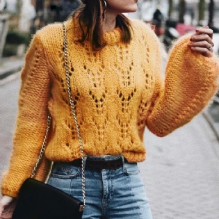 O Ncek Udhulede Striktrøjer Dame Lanterneærmer Gule Pullovere Sweater Casual Løs Vintertrøje Dame