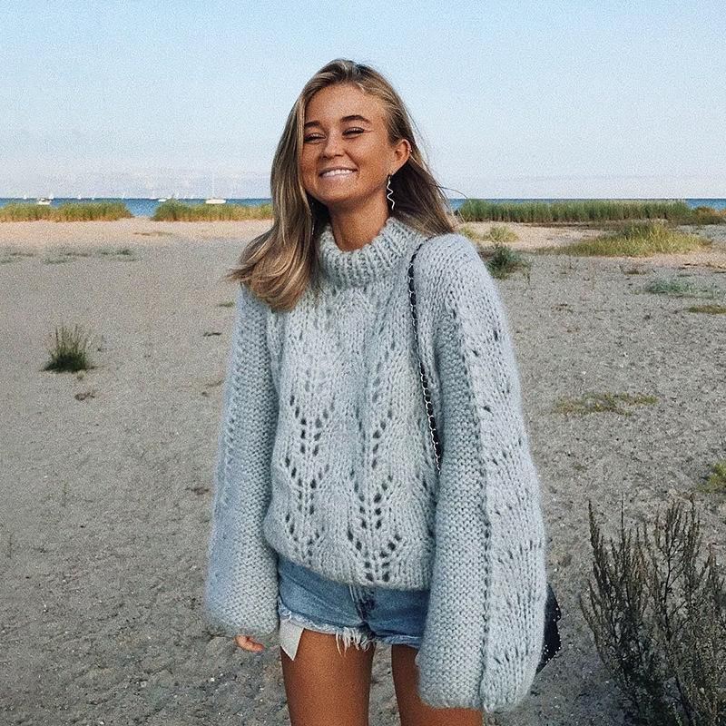 O Ncek Udhulede Striktrøjer Dame Lanterneærmer Gule Pullovere Sweater Casual Løs Vintertrøje Dame