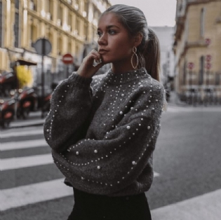 Perlekrave Vinterstrikket Sweater Dame Langærmet Grå Pullover Dame Varm Efterår Casual Sweater Pull Femme