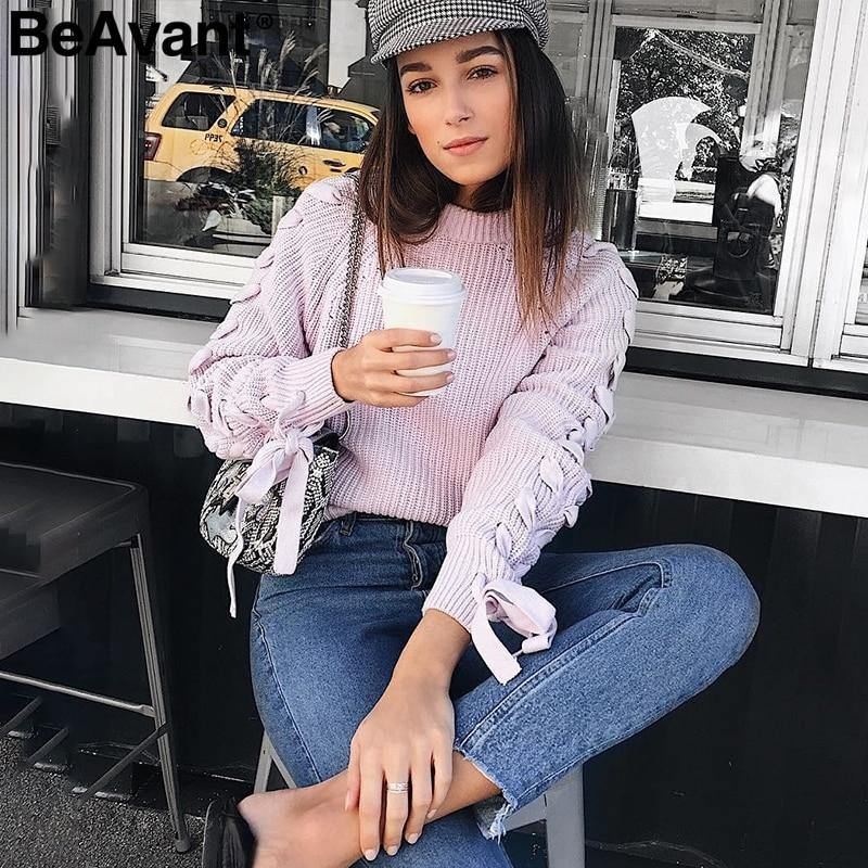 Snøre Strikket Sweater Dame Sweater O-hals Casual Efterår Vinter Sweater 2018 Korte Pullover Sweatere Dame Pull Femme