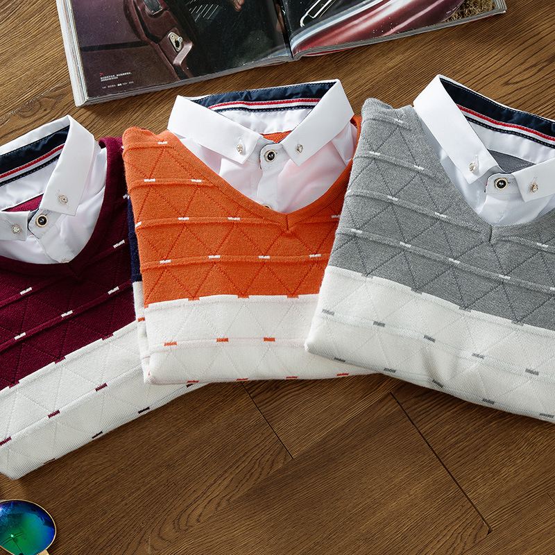 Strikket Sweater Til Mænd Falsk Todelt Skjorte Krave Sweater Til Mænd