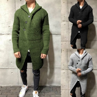 Sweater Cardigan Ensfarvet Lang Strikjakke Med Hætte