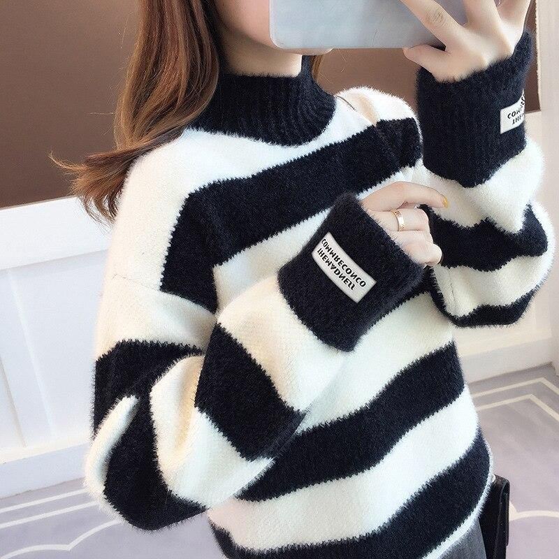 Sweater Dame Rullekrave Pullover Jumper Stripe Tyk Sweater Imiteret Mink Uld Sweater Sweater Dame Tøj