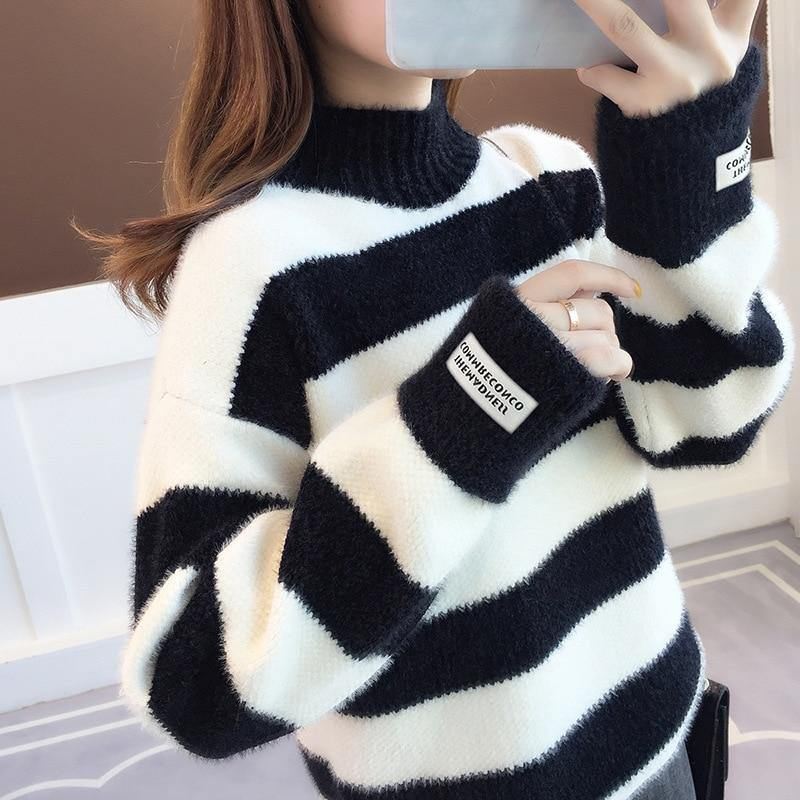 Sweater Dame Rullekrave Pullover Jumper Stripe Tyk Sweater Imiteret Mink Uld Sweater Sweater Dame Tøj