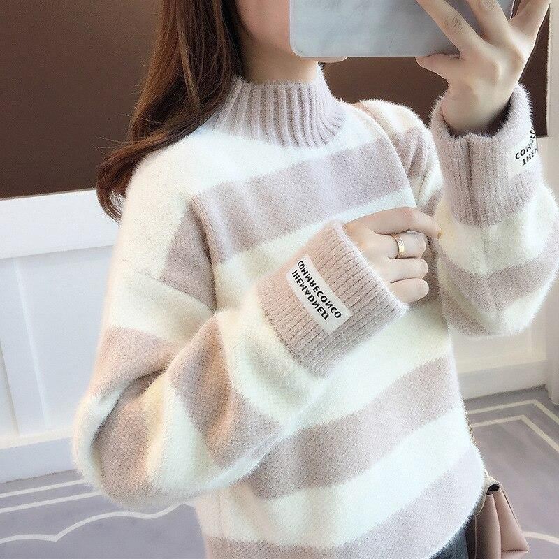 Sweater Dame Rullekrave Pullover Jumper Stripe Tyk Sweater Imiteret Mink Uld Sweater Sweater Dame Tøj