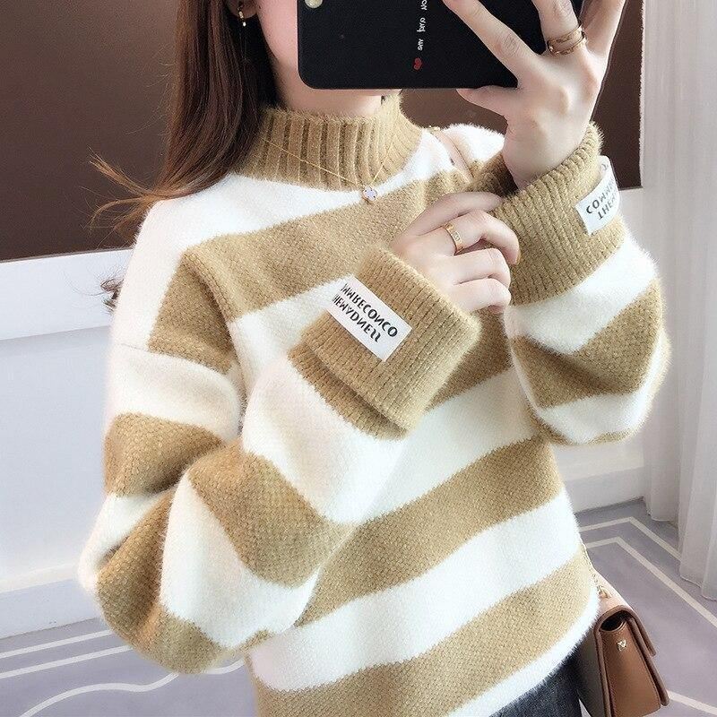 Sweater Dame Rullekrave Pullover Jumper Stripe Tyk Sweater Imiteret Mink Uld Sweater Sweater Dame Tøj