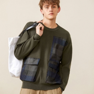 Ungdom Symmetrisk Plaid Stor Lomme Dekoreret Sweater Mænd