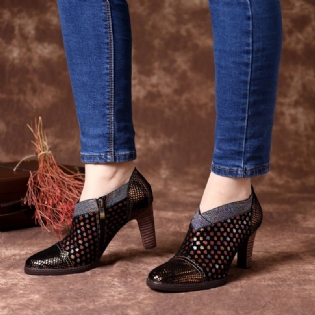 Ægte Læder Farverige Wave Dot Stitching Lynlås Pumps Med Høj Hæl