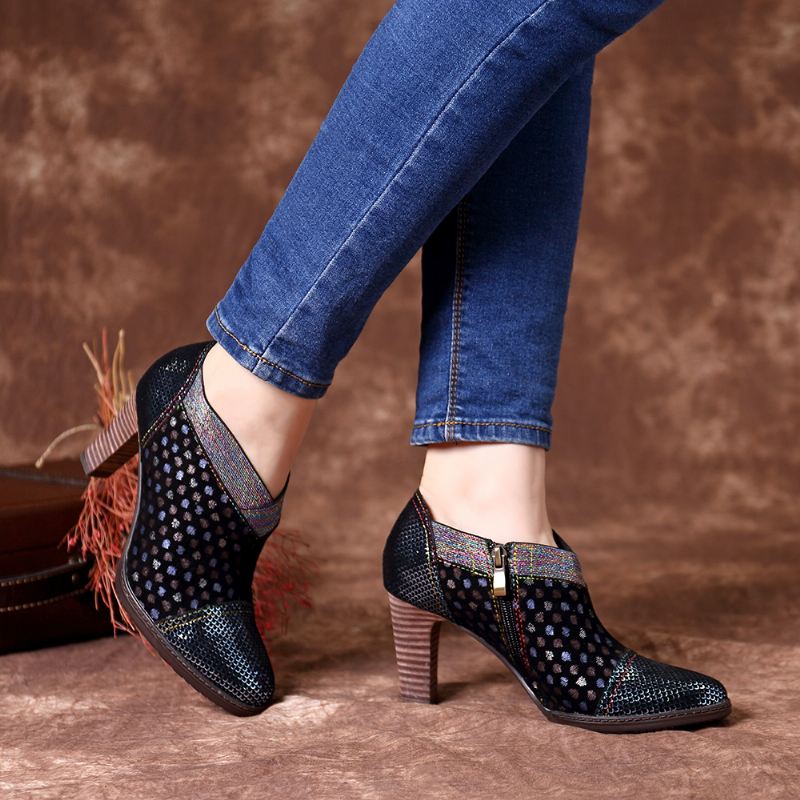 Ægte Læder Farverige Wave Dot Stitching Lynlås Pumps Med Høj Hæl
