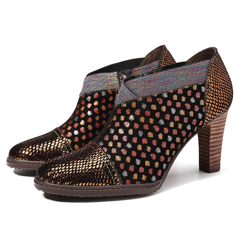 Ægte Læder Farverige Wave Dot Stitching Lynlås Pumps Med Høj Hæl