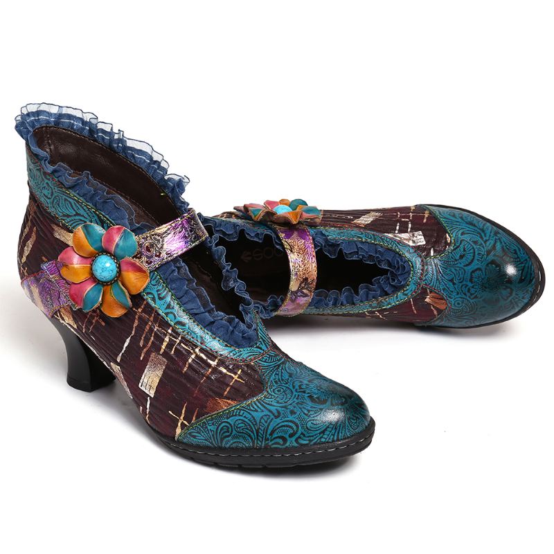 Blonder Ægte Læder Splejsning Floral Lav Hæl Elegante Pumps