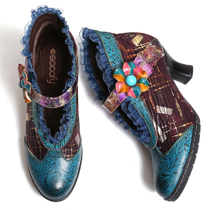 Blonder Ægte Læder Splejsning Floral Lav Hæl Elegante Pumps