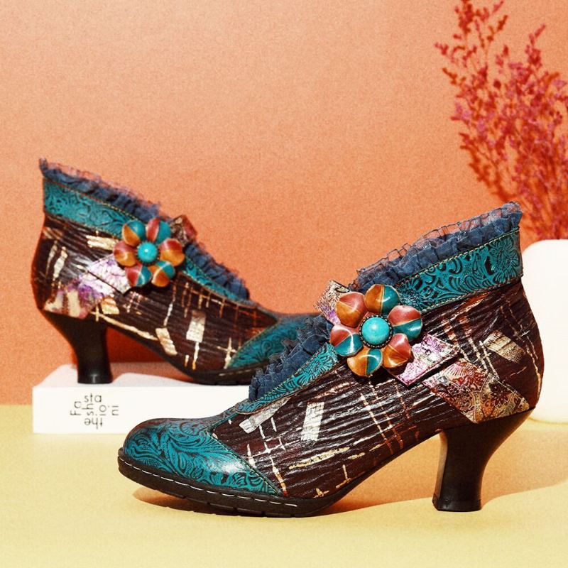 Blonder Ægte Læder Splejsning Floral Lav Hæl Elegante Pumps