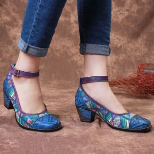 Bohemia Ægte Læder Splejsning Farverigt Geometrisk Mønster Komfortable Pumps Med Spænderem