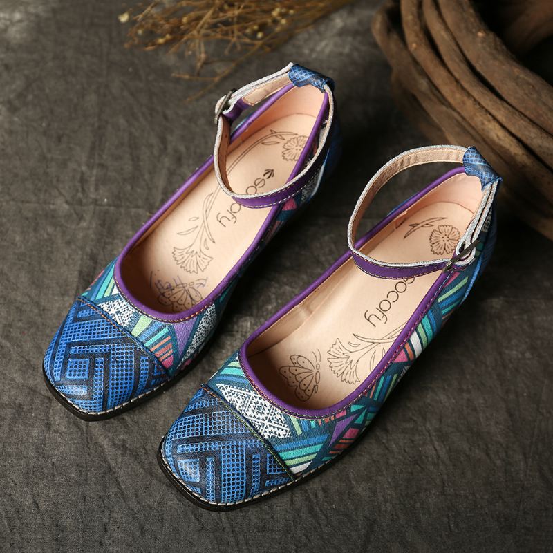 Bohemia Ægte Læder Splejsning Farverigt Geometrisk Mønster Komfortable Pumps Med Spænderem