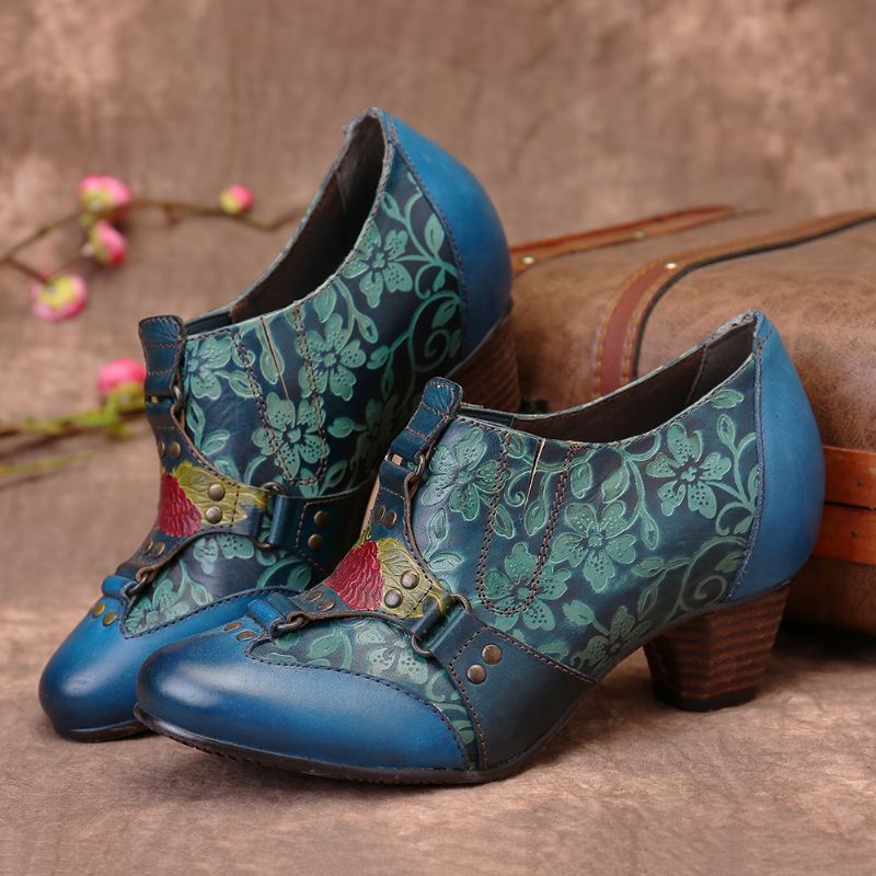 Cowgirl Håndmalet Retro Blomstermønster Nitte Ægte Læder Med Lav Hæl Slip-on Pumper