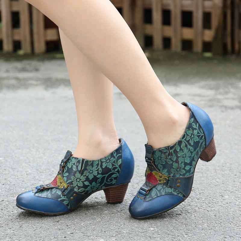 Cowgirl Håndmalet Retro Blomstermønster Nitte Ægte Læder Med Lav Hæl Slip-on Pumper