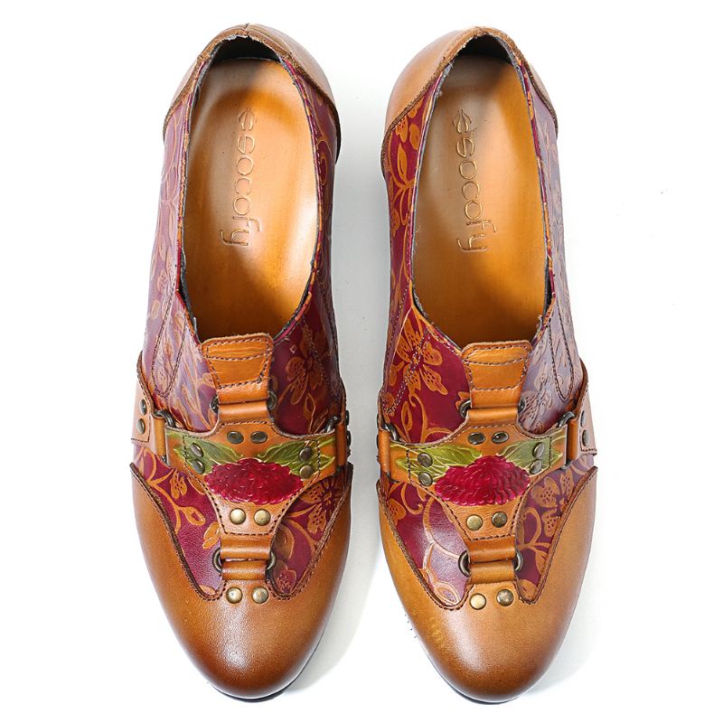 Cowgirl Håndmalet Retro Blomstermønster Nitte Ægte Læder Med Lav Hæl Slip-on Pumper