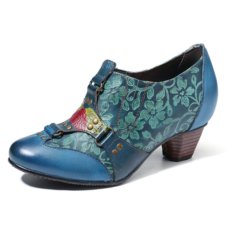 Cowgirl Håndmalet Retro Blomstermønster Nitte Ægte Læder Med Lav Hæl Slip-on Pumper