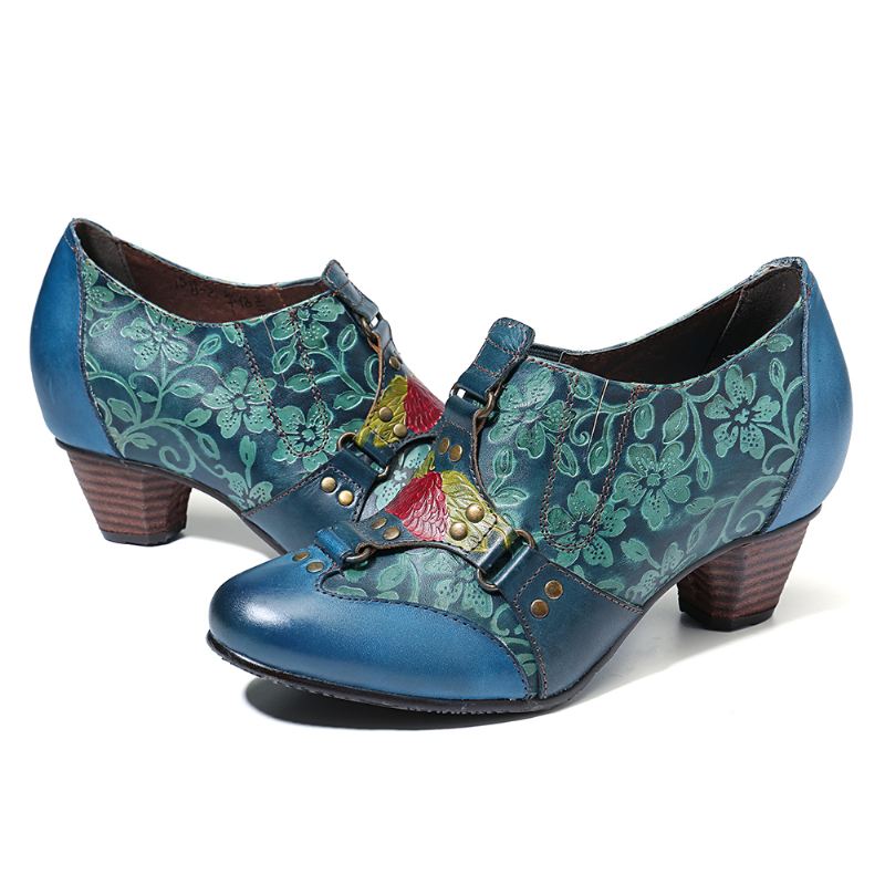 Cowgirl Håndmalet Retro Blomstermønster Nitte Ægte Læder Med Lav Hæl Slip-on Pumper