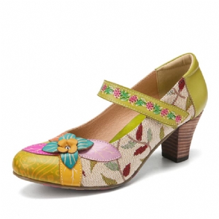Elegant Blomsterdekoration Løv Stof Syninger Trykt Okselæder Mary Jane Pumps