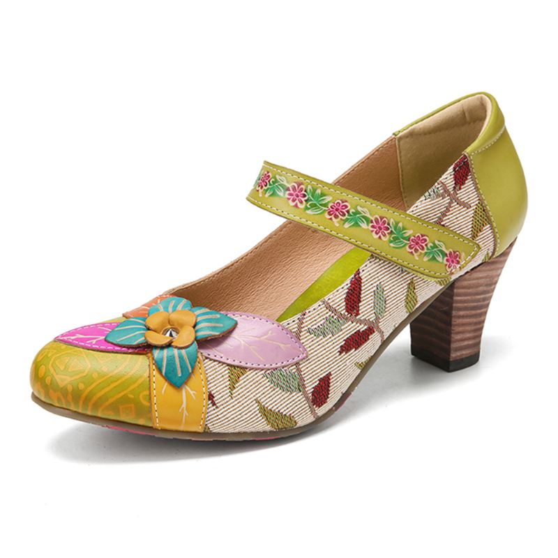 Elegant Blomsterdekoration Løv Stof Syninger Trykt Okselæder Mary Jane Pumps