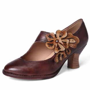 Kvinder Blomsterdekoration Ægte Læder Retro Spring Pumps