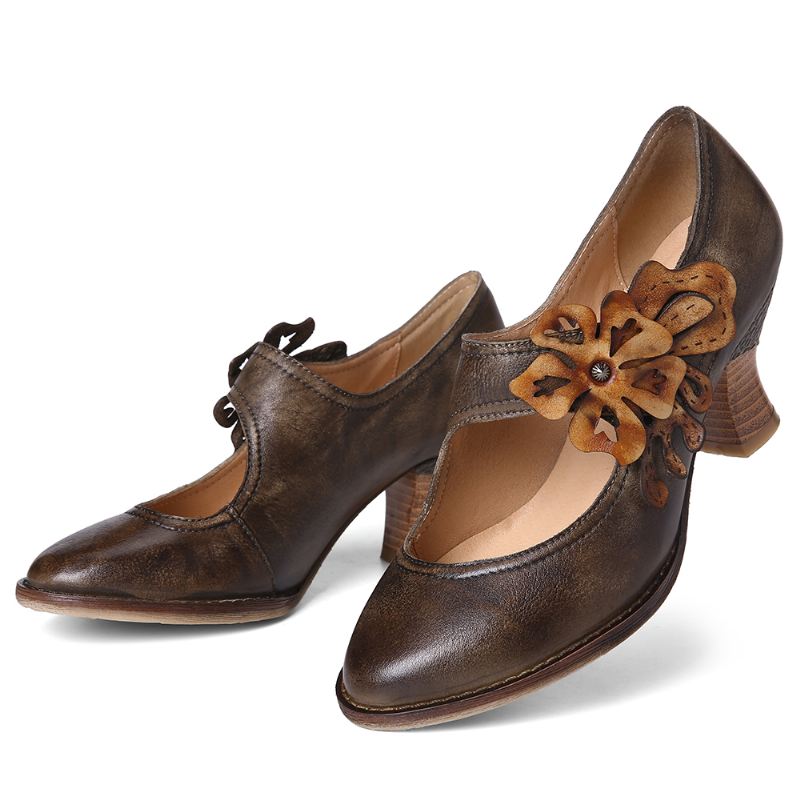 Kvinder Blomsterdekoration Ægte Læder Retro Spring Pumps