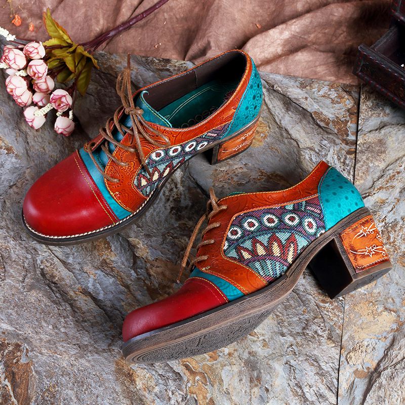 Kvinder Bohemian Ægte Læder Jacquard Splejsning Retro Chunky Heel Pumps