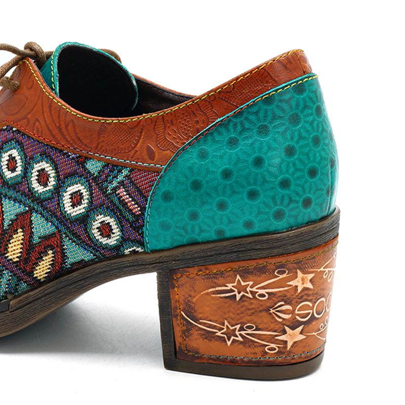 Kvinder Bohemian Ægte Læder Jacquard Splejsning Retro Chunky Heel Pumps
