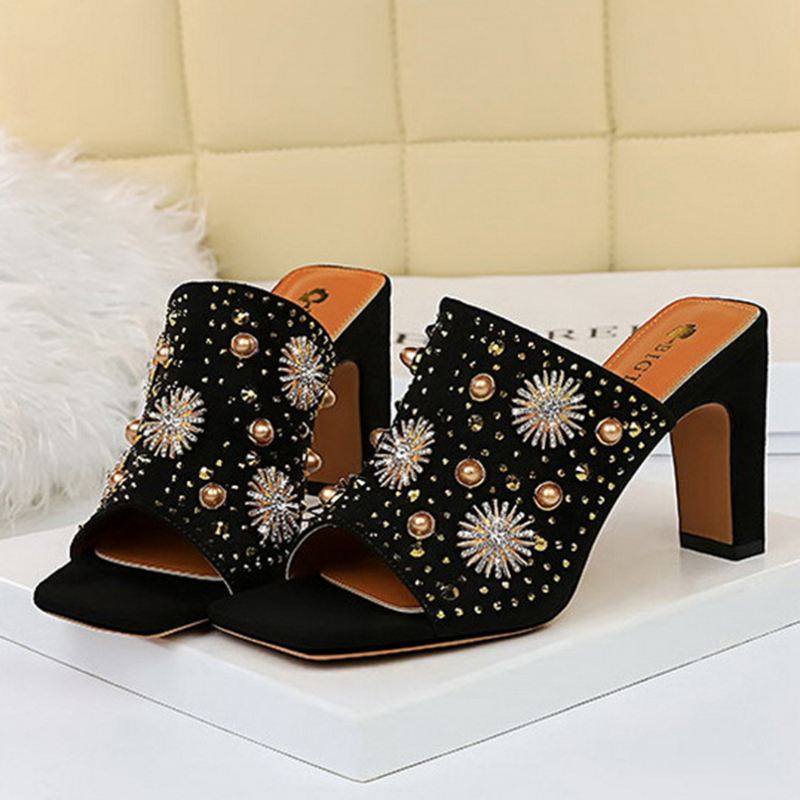 Kvinder Elegant Ruskind Rhinestone Metal Revit Peep Toe Chunky Heel Stripe Hjemmesko