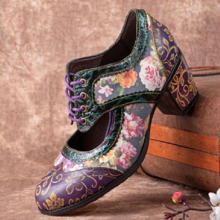 Kvinder Retro Blomsterprint Læder Hul Ud Bløde Skulpturelle Chunky Hæle