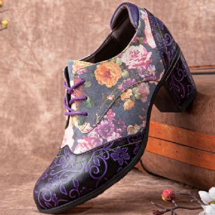 Kvinder Retro Blomstertryk Læder Splejsning Bløde Skulpturelle Chunky Hæle