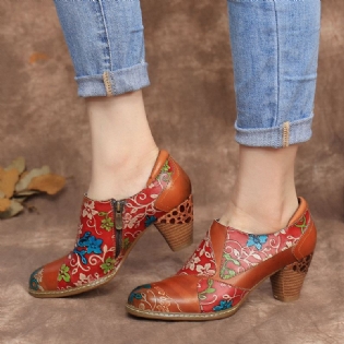 Læder Blomster Splejsningssøm Lynlås Chunky Heel Pumps Dress Sko