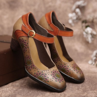 Læder Blomstret Hult Spænde Ankelrem Chunky Heel Pumps Dress Sko
