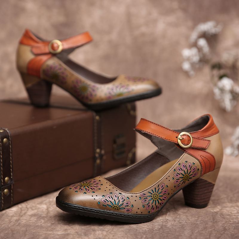 Læder Blomstret Hult Spænde Ankelrem Chunky Heel Pumps Dress Sko