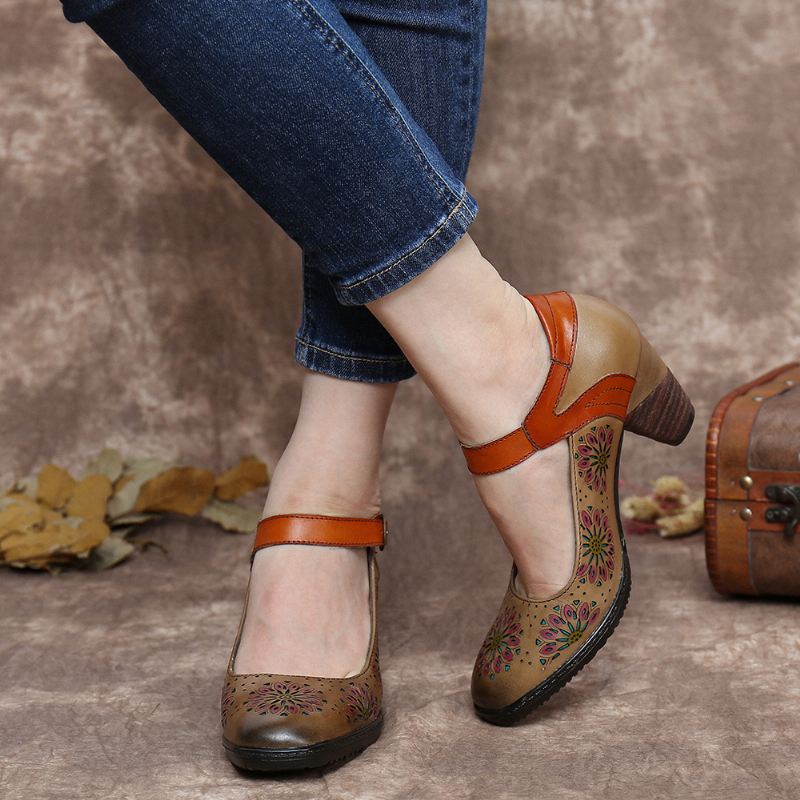 Læder Blomstret Hult Spænde Ankelrem Chunky Heel Pumps Dress Sko