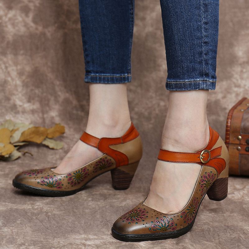 Læder Blomstret Hult Spænde Ankelrem Chunky Heel Pumps Dress Sko