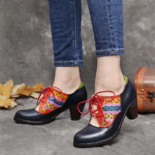 Læder Kontrast Splejsning Udskæring Snøre-up Chunky Heel Pumps Dress Sko