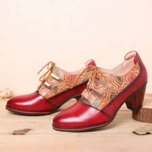 Læder Prægede Blomster Splejsning Udskårne Snørebånd Chunky Heel Pumps Dress Sko