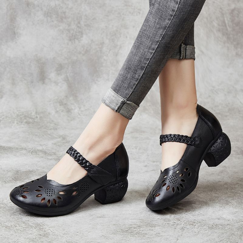 Læderudskæring Floral Flettet Justerbar Ankelrem Chunky Heel D'orsay Pumps