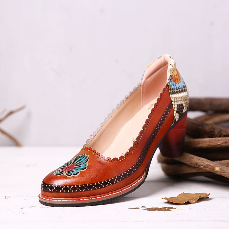 Retro Blomster Ægte Læder Slip-on Pailletter Hæl Pumps