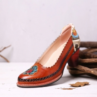Retro Blomster Ægte Læder Slip-on Pailletter Hæl Pumps