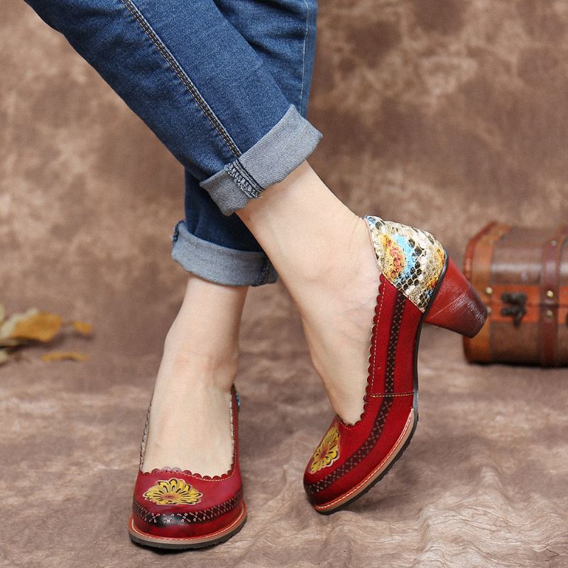 Retro Blomster Ægte Læder Slip-on Pailletter Hæl Pumps