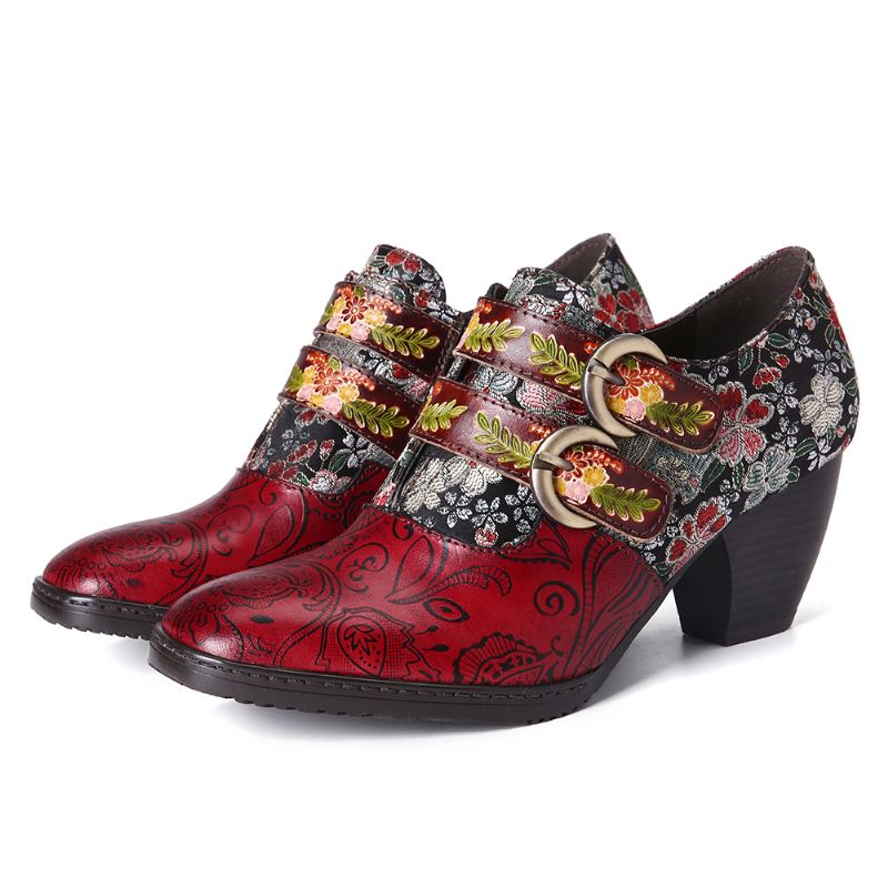 Retro Blomster Metal Præget Spænde Strap Læder Lav Heel Square Toe Pumps