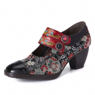 Retro Blomster Printing Perle Spænde Strap Ægte Læder Lav Heel Lynlås Pumps