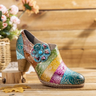 Retro Blomstret Læder Splejsningslynlås Chunky Heel Pumps Dress Sko