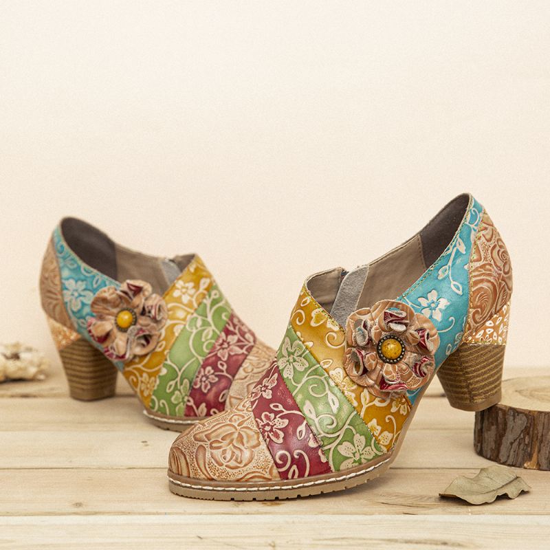 Retro Blomstret Læder Splejsningslynlås Chunky Heel Pumps Dress Sko