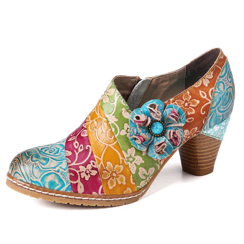 Retro Blomstret Læder Splejsningslynlås Chunky Heel Pumps Dress Sko